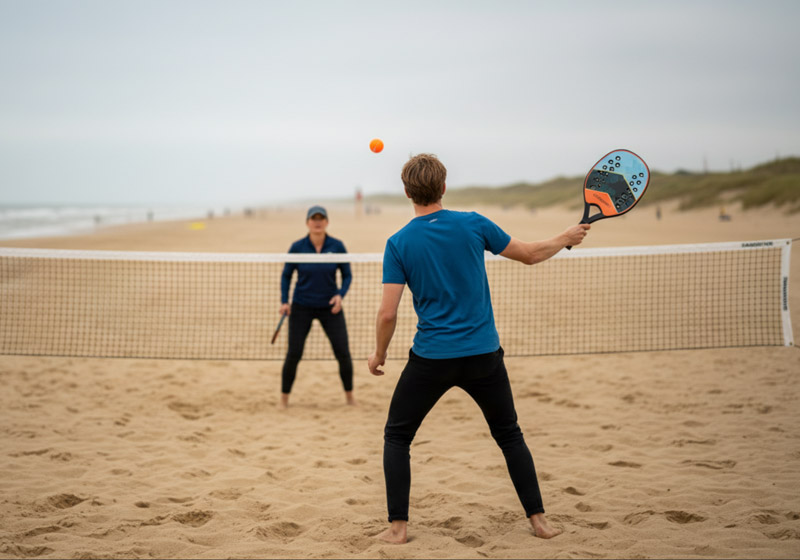 2 personen spelen tennis op het strand